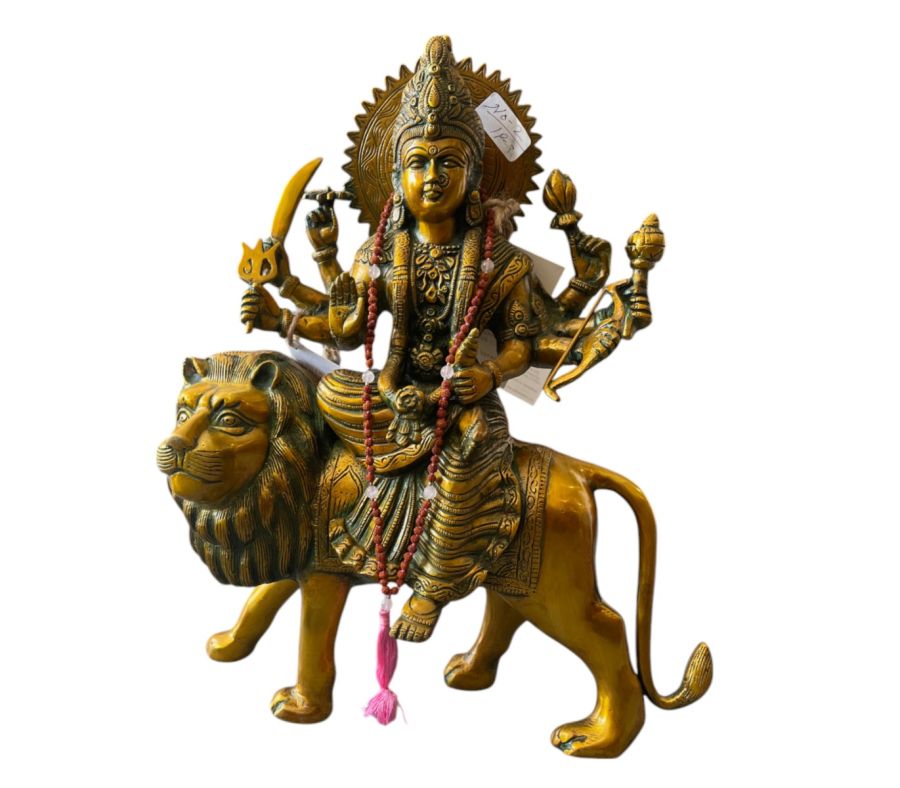 Brass Durga and Lion Statue