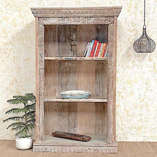 Carved Teak Bookshelf with Stained Glass