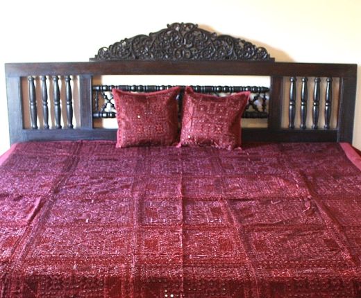 Indian Mirrorwork Bedspread, Burgundy